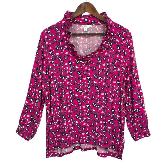 Crown & Ivy Blouse Top Women Size XL Pink Animal Print Stretch Ruffle‎ Rayon - Picture 1 of 11